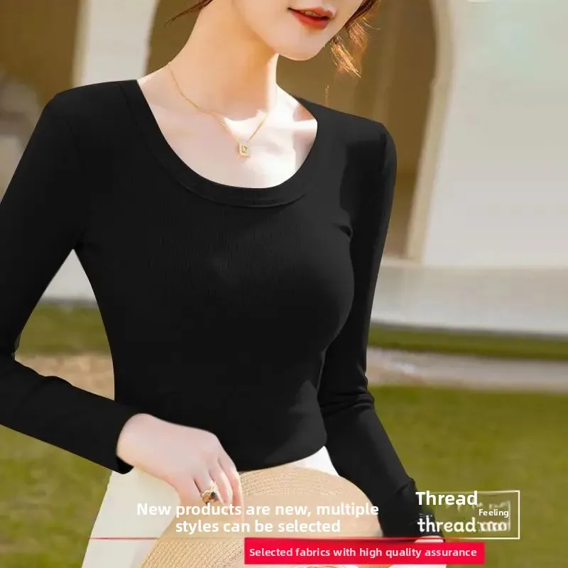 Autumn and Winter Long-Sleeved T-Shirt Tight-Fit Pure Desire Women's Base Shirt Western-Style Slimming Threaded Thin Tight Low-Collar Top