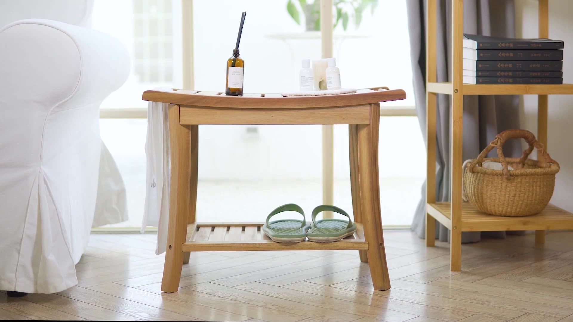 Waterproof Bamboo Wood Shower Bench Spa Bath Organizer Seat Stool With