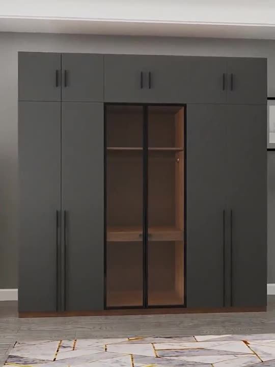 European Luxury Black Closet Clothes Wardrobe Bedroom Furniture Sets 6 Door Wooden Wardrobes