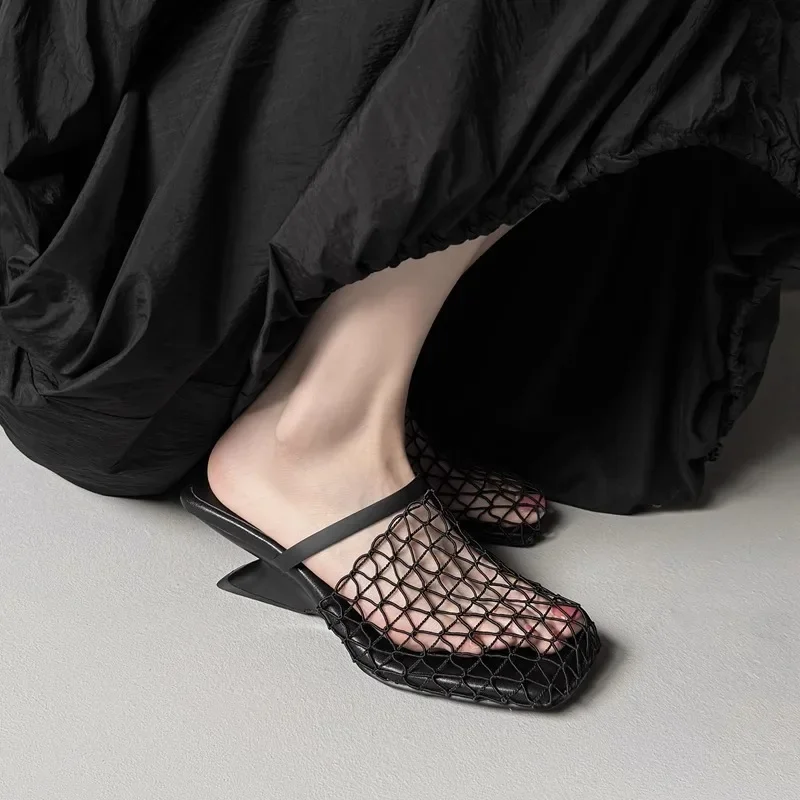 2025 Summer New Niche Design Fishnet Half Slippers Woven Mesh Cut Out Special-Shaped Heel High Heel Outer Slippers for Women