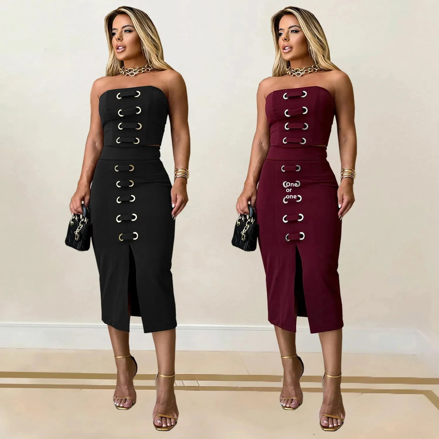 C7321 European and American Suit Skirt Sexy Tube Top Top Slit Skirt Elegant and Fashionable Summer Cross-Border Women's Skirt
