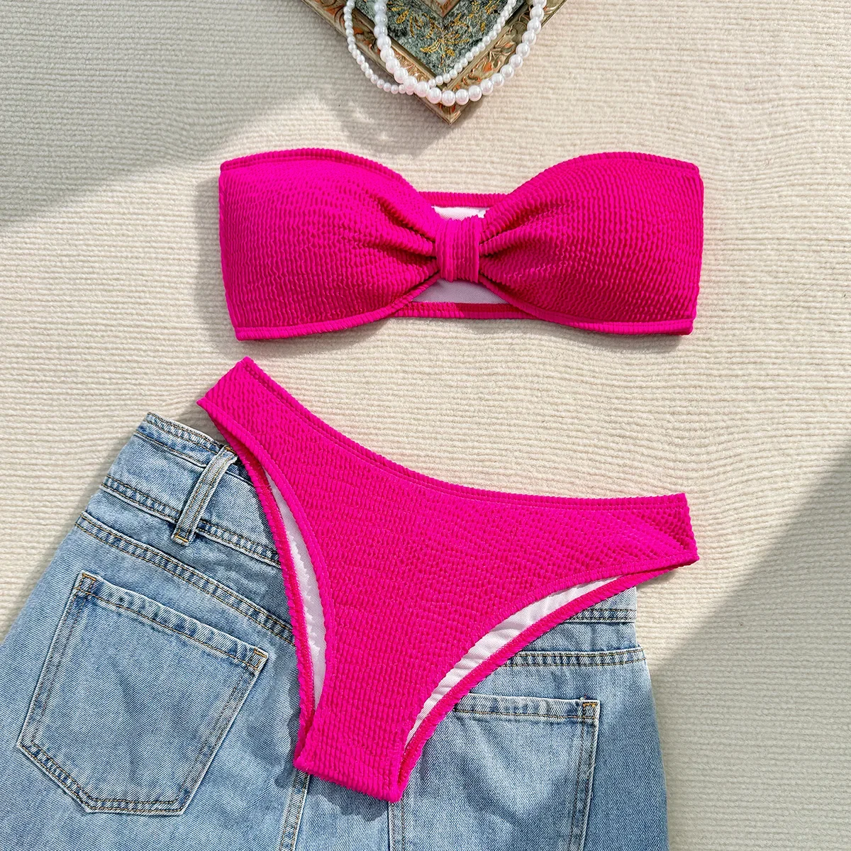 2025 Solid Color Strapless Sexy Vacation Bikini Europe and America New INS Beach Photo Swimsuit Nightclub Swimwear