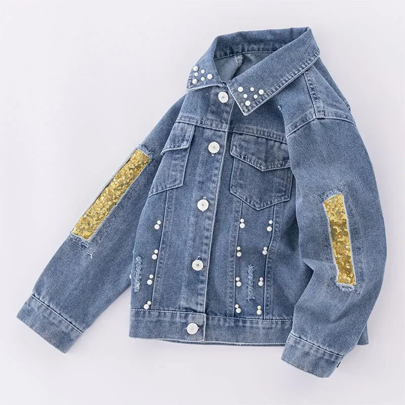 Children's Spring and Autumn New Pearl denim clothing medium and large children's back cute rabbit long sleeve ripped sequin coat