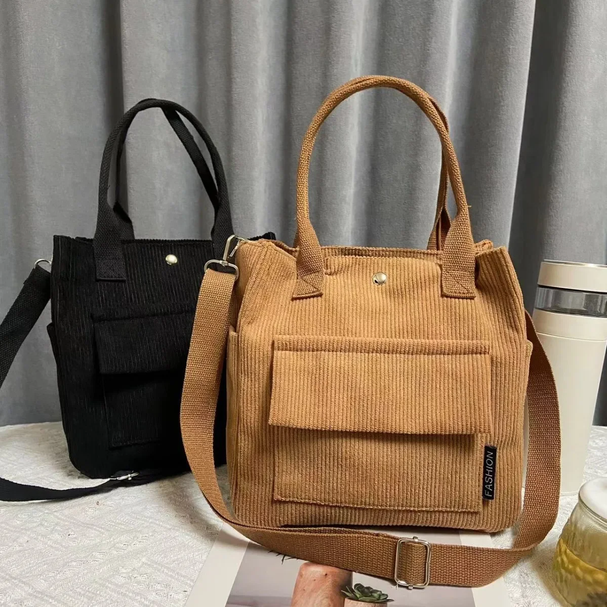 Original and Stylish Corduroy Multi-Pocket Crossbody Tote Bag, Student Simple and Versatile Lunch Box Bag