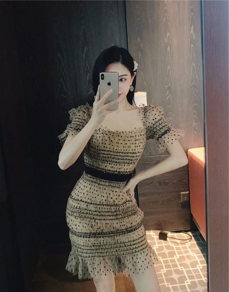 Đầm suông nữ midi họa tiết chấm bi phong cách Pháp — Chấm bi (mẫu ngắn) chi tiết 6