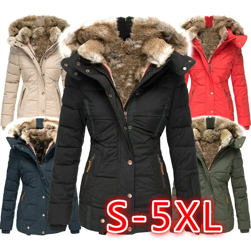 Amazon's new winter warm wool collar cotton jacket for women's zipper long-sleeved slim cotton jacket hooded coat W128