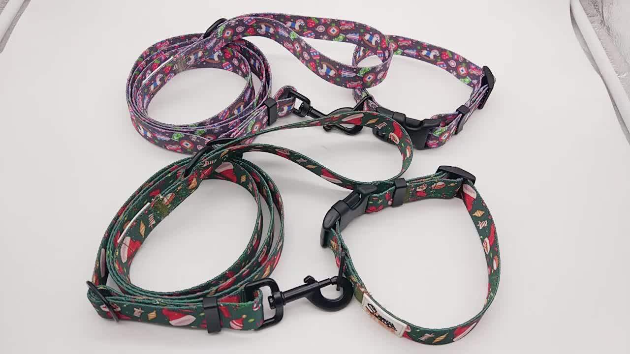 Adjustable Dog Collar Leash Set Christmas Pattern Printed Nylon Pet