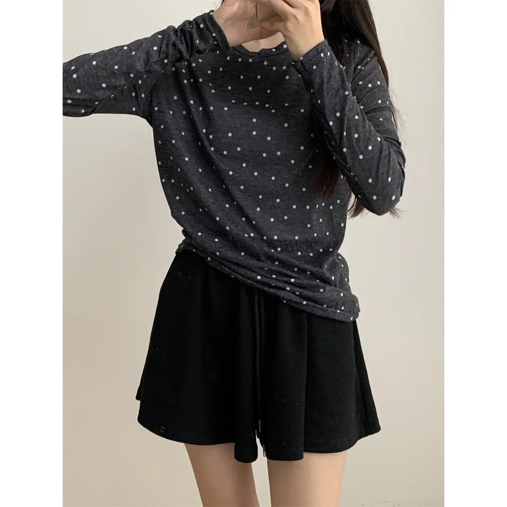 Polka Dot Sunscreen Long-sleeved T-shirt Women's Summer Slim-fit Slimming Thin Round Neck Blouse Soft Waxy Base Top