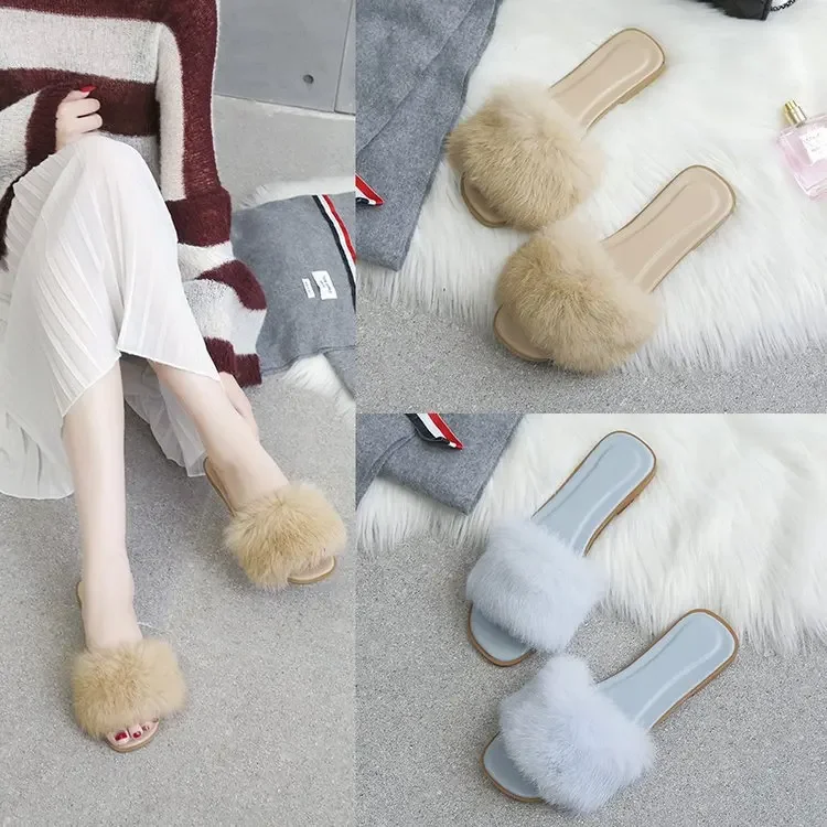 2021 Autumn and Winter New Flat Slippers Casual Korean Style Women's Shoes Fluffy Shoes Slippers Comfortable Women's Open Toe Slippers
