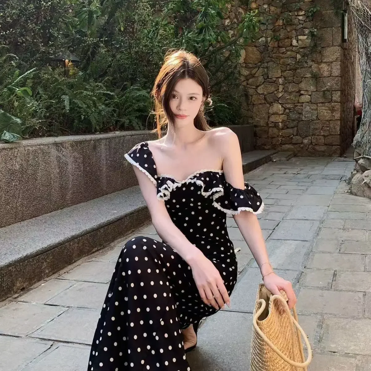 French Style 2025 New Style Waist Slimming Slim Summer Polka Dot Skirt Long Dress Long Skirt