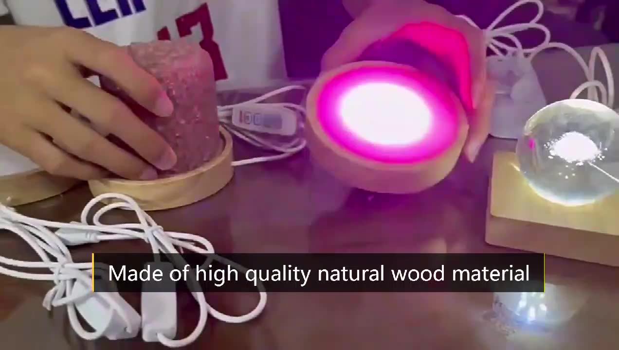 PORFOYO Lot de 4 socles LED en bois - Socle lumineux rond avec lumière multicolore - Base lumineuse LED pour verre acrylique, bloc de verre, cristal, résine, base d'affichage éclairée par USB