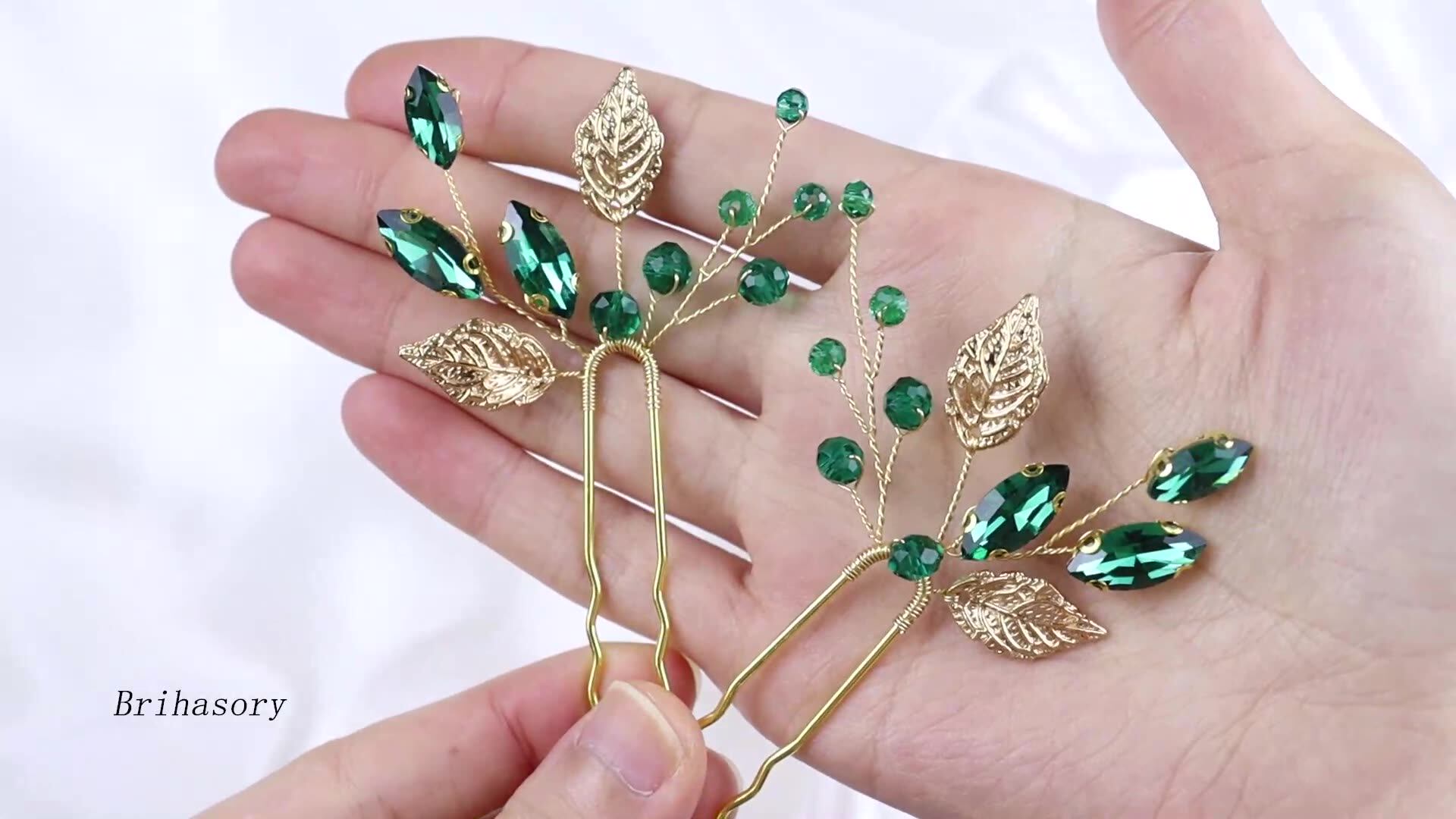 Swarovski Emerald Green Stone Embellished Gold Hairclip Accessory Ivy Emerald Hairpins - 24k Gold Plated Leaf Hair Accessories  main image 3