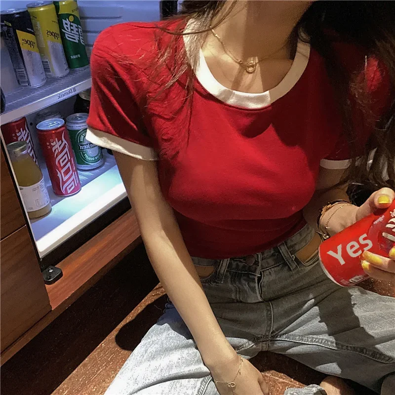 2025 Summer Solid Color Korean Cross-border Short-sleeved T-shirt Women's Slim Solid Color Women's Top Foreign Trade Clothes Selected 