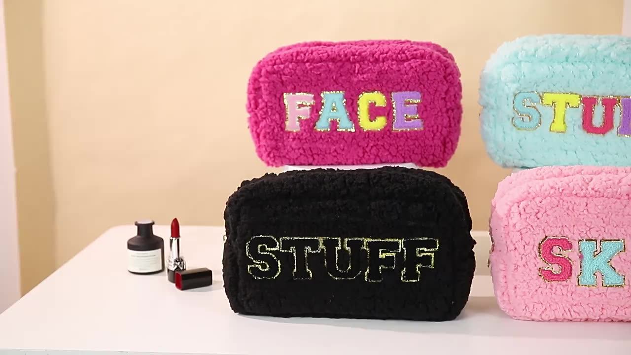 New Terry Cloth Women Makeup Bag Chenille Embroidery Teddy Velvet Women