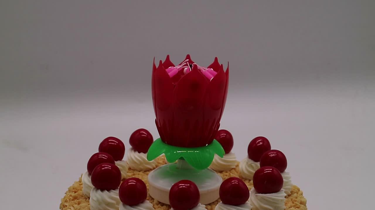 Double Layers Rotating Lotus Sparkling Birthday Musical Cake Candle