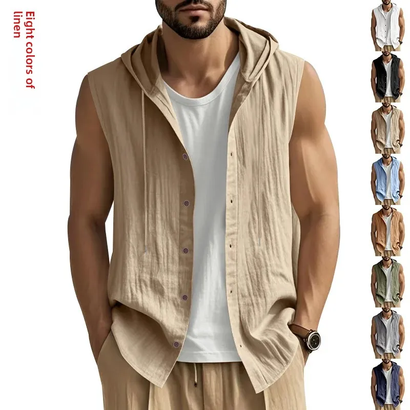 2025 Cross-border European and American Summer Men's Casual Sleeveless Ware Shirt Linen Hooded Solid Color Breathable Loose Top