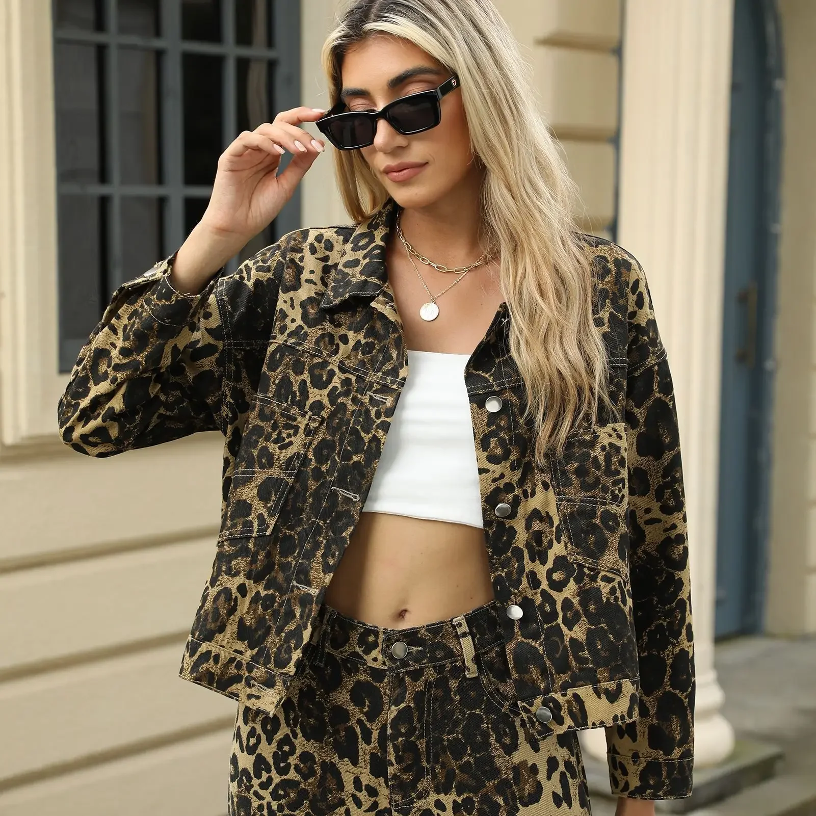 European and American Cross-border Foreign Trade Women's Clothing New Amazon Independent Station Washed Fashion Leopard Denim Coat Jacket Top