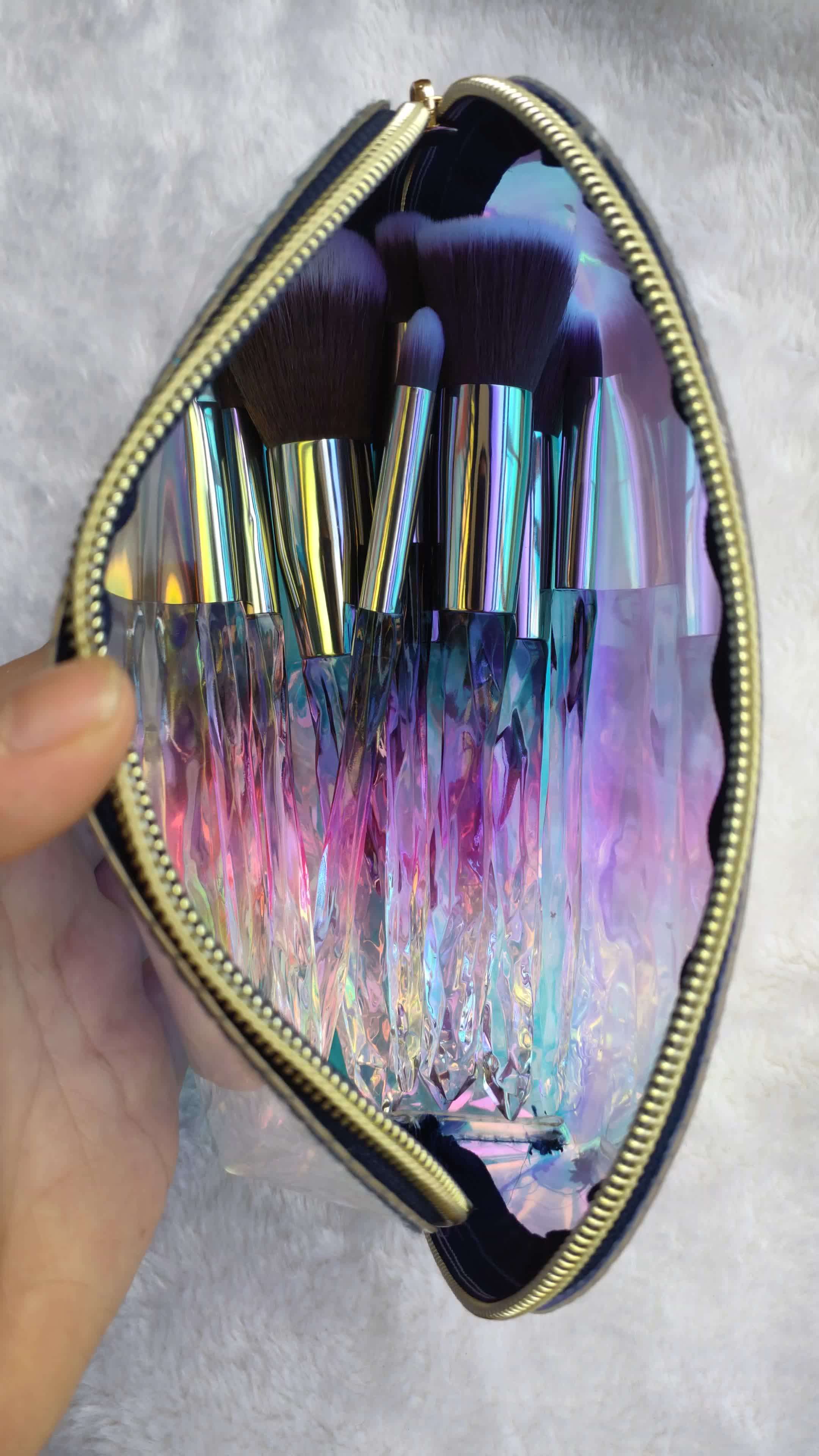 Holographic Crystal 10 Pcs Synthetic Hair Makeup Brushes Private Label