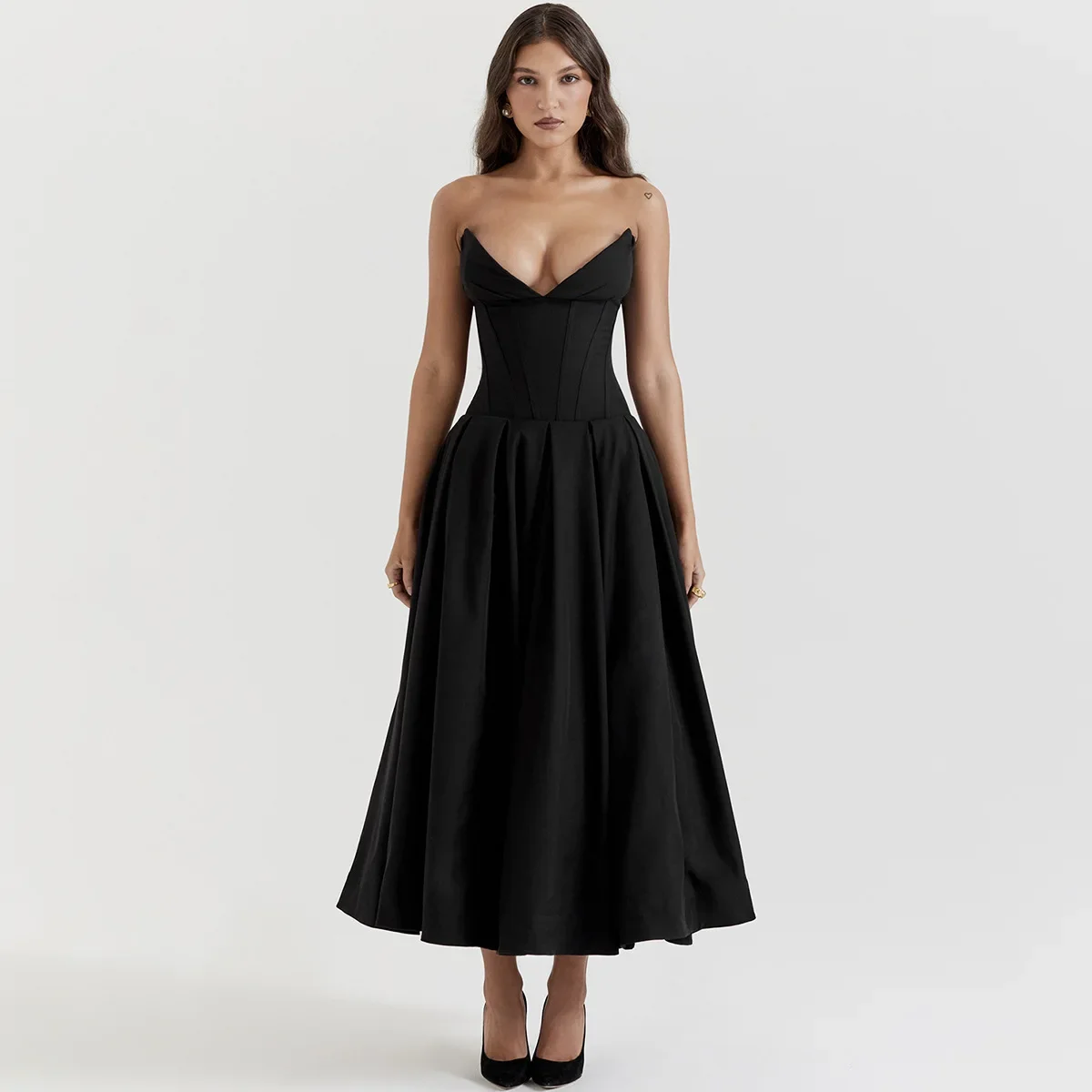 2026 Spring New Sexy Strapless Fashion Pointed Fishbone Waist-Cinching A-Line Dress Cross-Border Trade Backless Dress