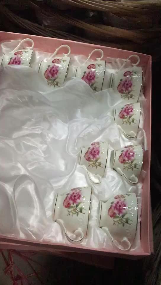 24pcs Modern Tea Cups And Saucer Set Royal Rose Gold Line Embossed Floral China Porcelain