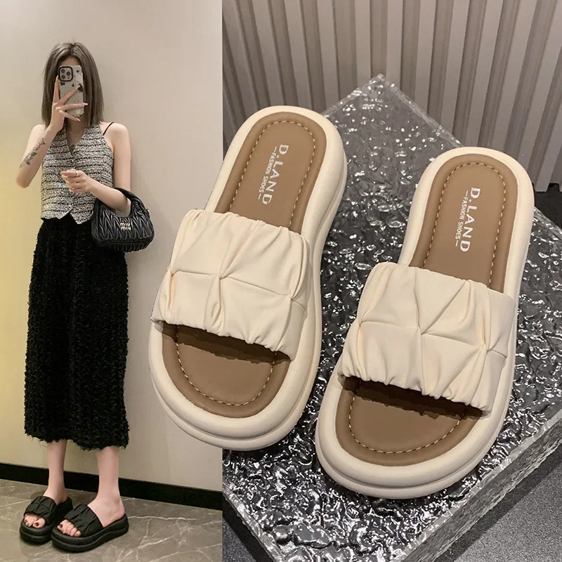 Thick Slippers Women's 2025 Summer New High-end Pleated Slides Outer Wear Open Toe Casual Beach Sandals