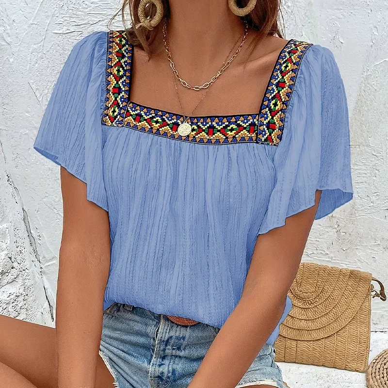 International Trade Cross-Border Summer Vacation Floral Edge Embroidered Square Collar Turtleneck Top Sleeveless Backless Hem Dress for Women