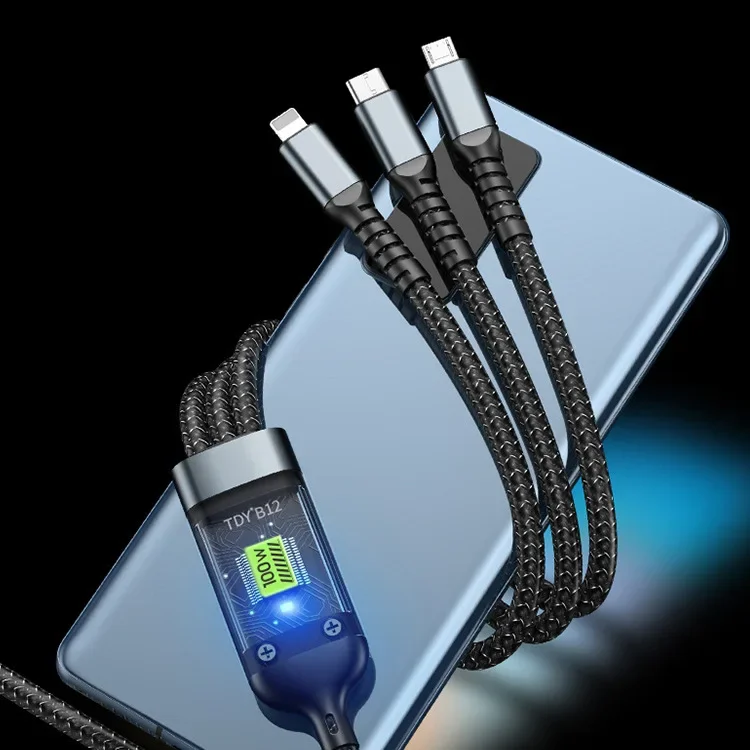 Cross-Border Hot-Selling 100W Digital Display Data Cable One to Three Compatible with Type-C Micro Lighting Multi-Interface