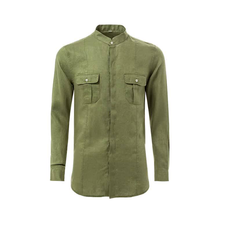 Pure Linen Stand Collar Long Sleeve 
