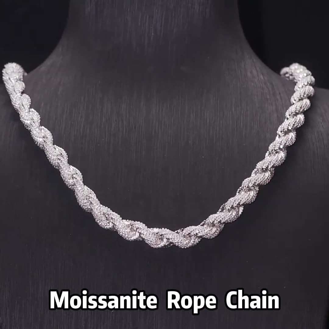 Full Iced Out Hip Hop Jewelry Moissanite Rope Chain Necklace Sterling