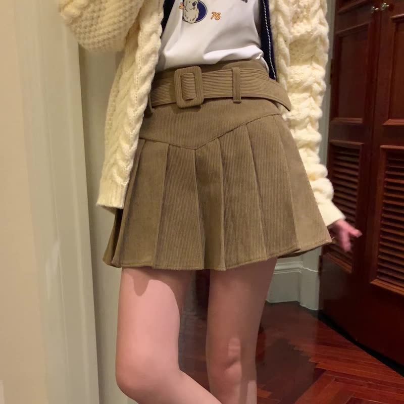 Huang Zheng corduroy pleated skirt women's 2022 winter high waist a-line thin skirt small skirt 124QD591