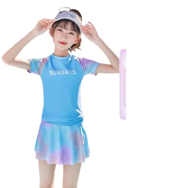Children's cute summer beach split swimwear, with short sleeve, sun protection, for teenagers