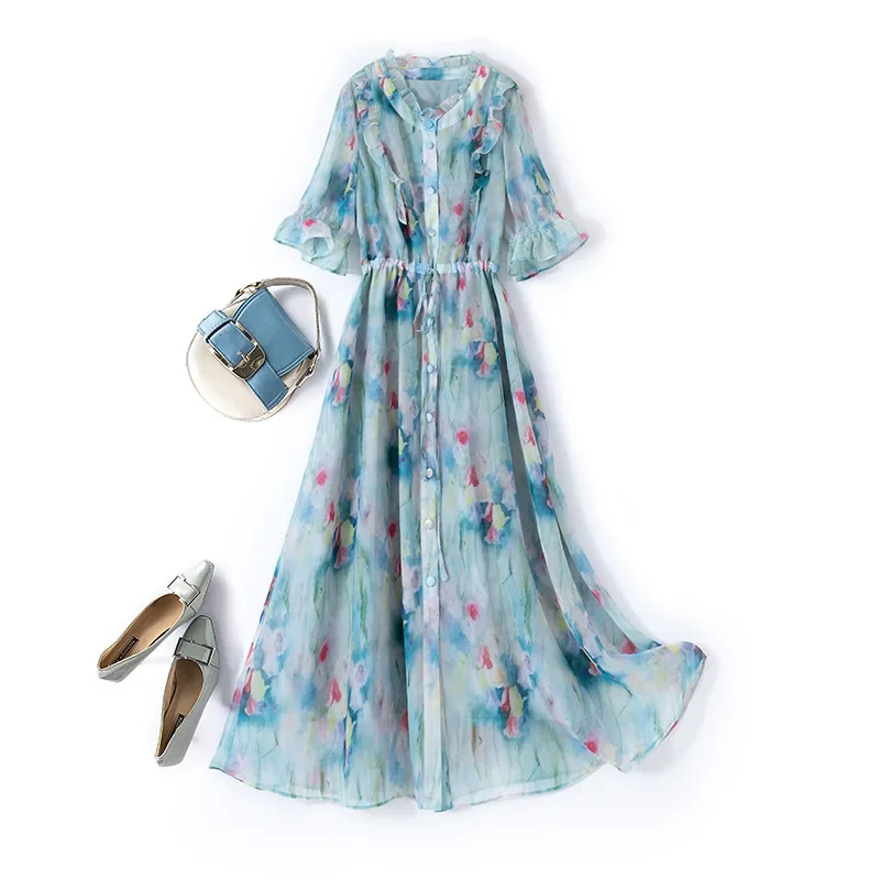 Women's Plus Size French Elegant Printed Dress 2023 Summer New Chubby Chiffon Midi Dress