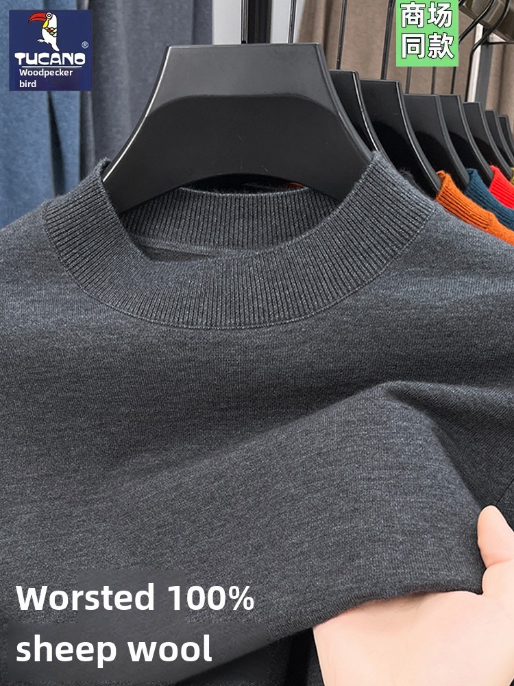 Woodpecker Fine-Spun Wool Sweater for Men, 100% Pure Wool, Spring and Autumn Half-Turtleneck Knitted Sweater, High-End Base Layer