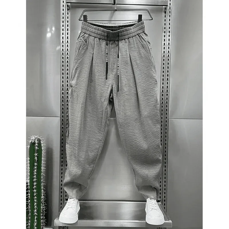 Ice Silk Casual Pants Men's Cotton and Linen 2024 Summer New Ultra-thin Drape Trendy Loose Pleated Harlan Carrot Pants
