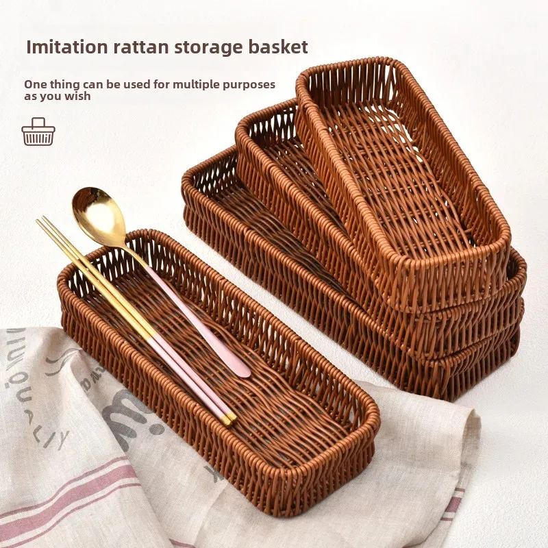 Rattan-like Desktop Storage Box Kitchen Drawer Tableware Draining and Fining Box Hotel Knife, Fork and Spoon Separated Storage Basket