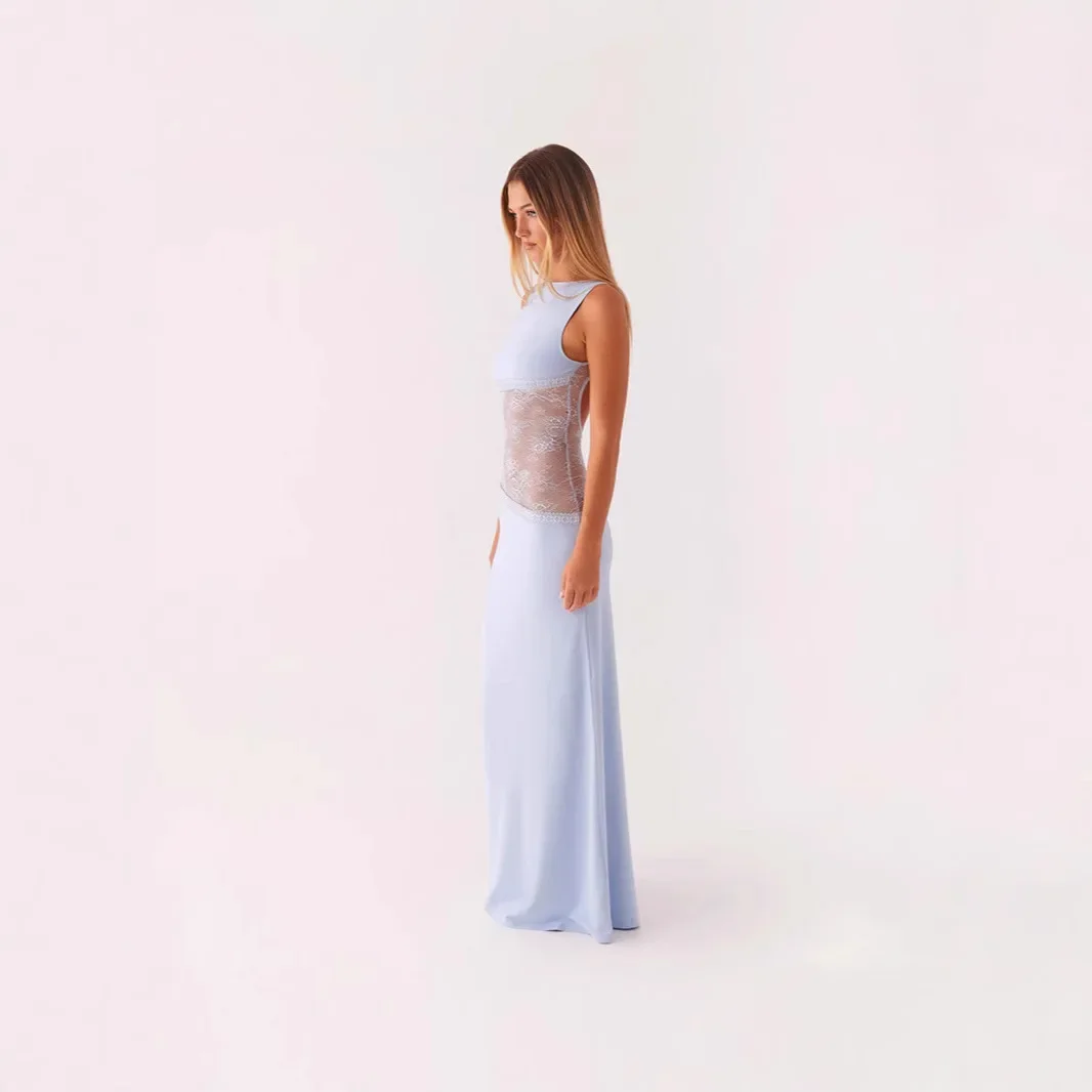 Summer Sexy Slim-fit Lace Satin Stitching Backless Long Dress Slimming Dress Women