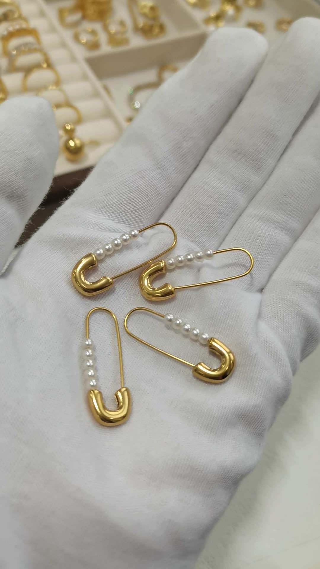 New Fashion 18k Gold Plated Stainless Steel Paper Clip Pearl Earrings Titanium Steel Paperclip