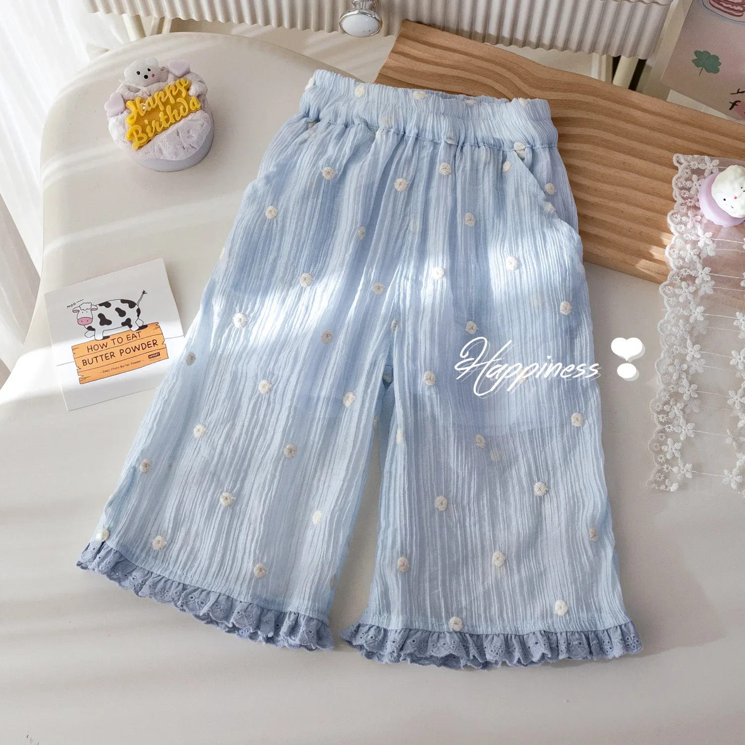 Girls' Summer Casual Pants Korean Style Embroidered Jacquard Wide Leg Pants Baby's Summer Lace Breathable Trousers