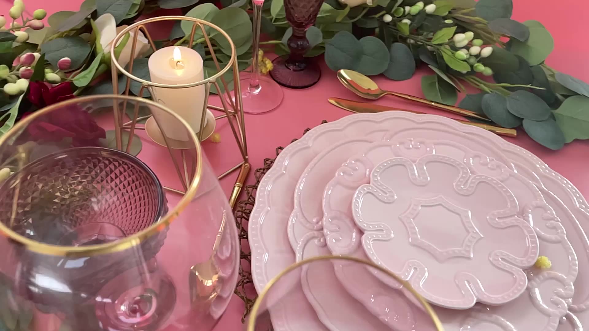 Ohere Bulk Serving Plates Porcelain Wedding Dishware High Quality Pink Embossed Ceramic Dishes