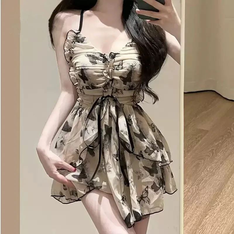2025 New Retro Conservative Belly Covering Slimming One-Piece Backless Sexy Seaside Butterfly Skirt Polyester Swimsuit Women