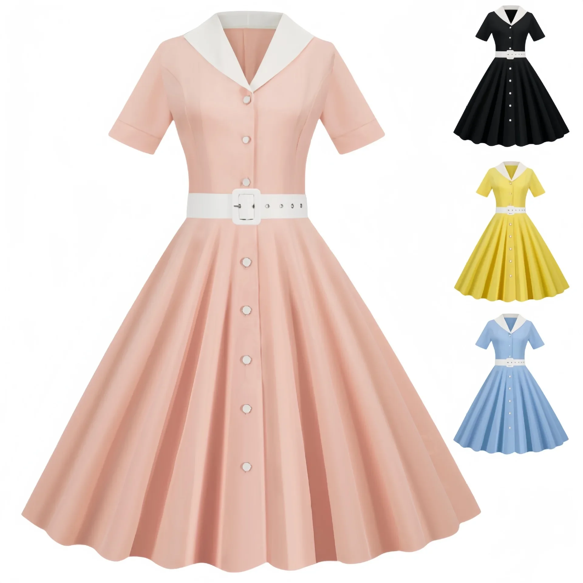 (Cross-border trading), solid retro elegant big dress, with short sleeve, V-neckline