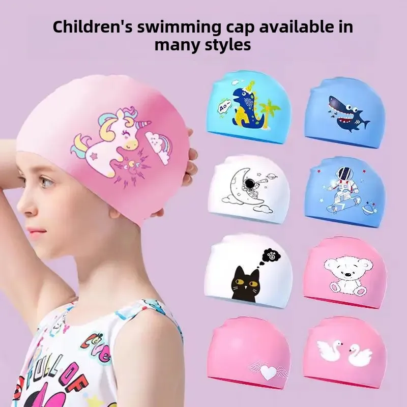 Children's Swimming Cap Silicone Waterproof Head-free Universal Plus High Elastic Cartoon Printed Swan Swimming Cap for Boys and Girls