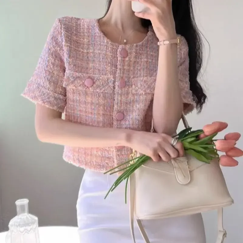 Летняя ретро-куртка, в стиле Chanel, круглый воротник, с коротким рукавом