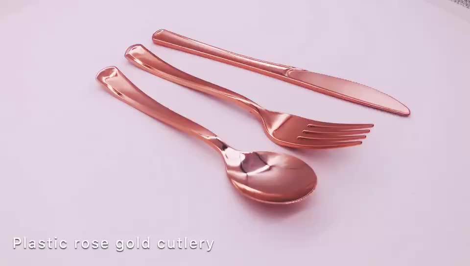 Plastic Fork And Knife Rose Gold Cutlery Plastic Flatware Set For Party
