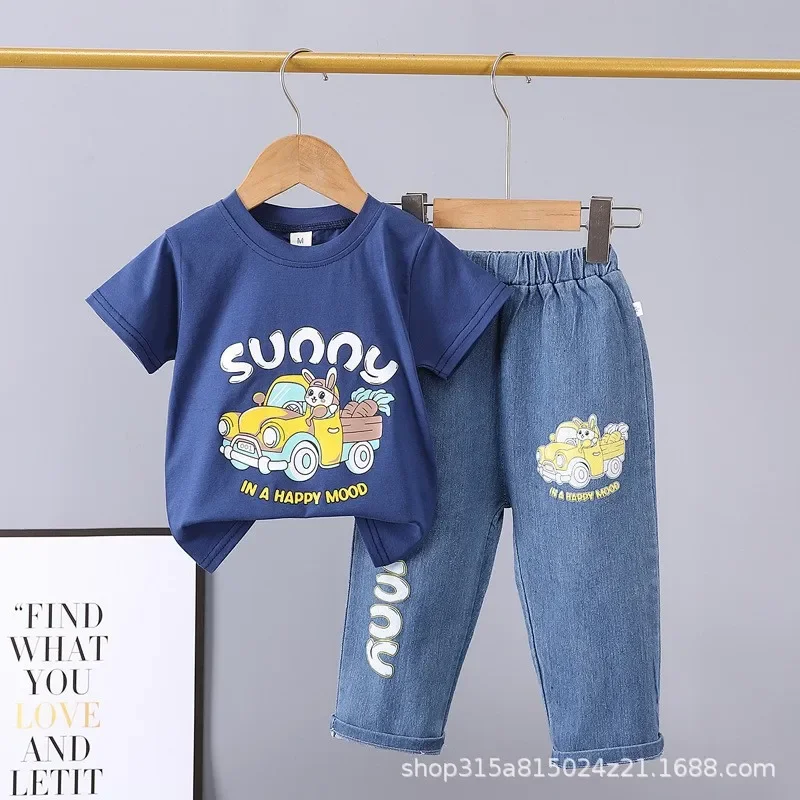 Летний детский denim комплект, мультяшные джинсы, с коротким рукавом, комплект из 2 предметов, 0-5 лет