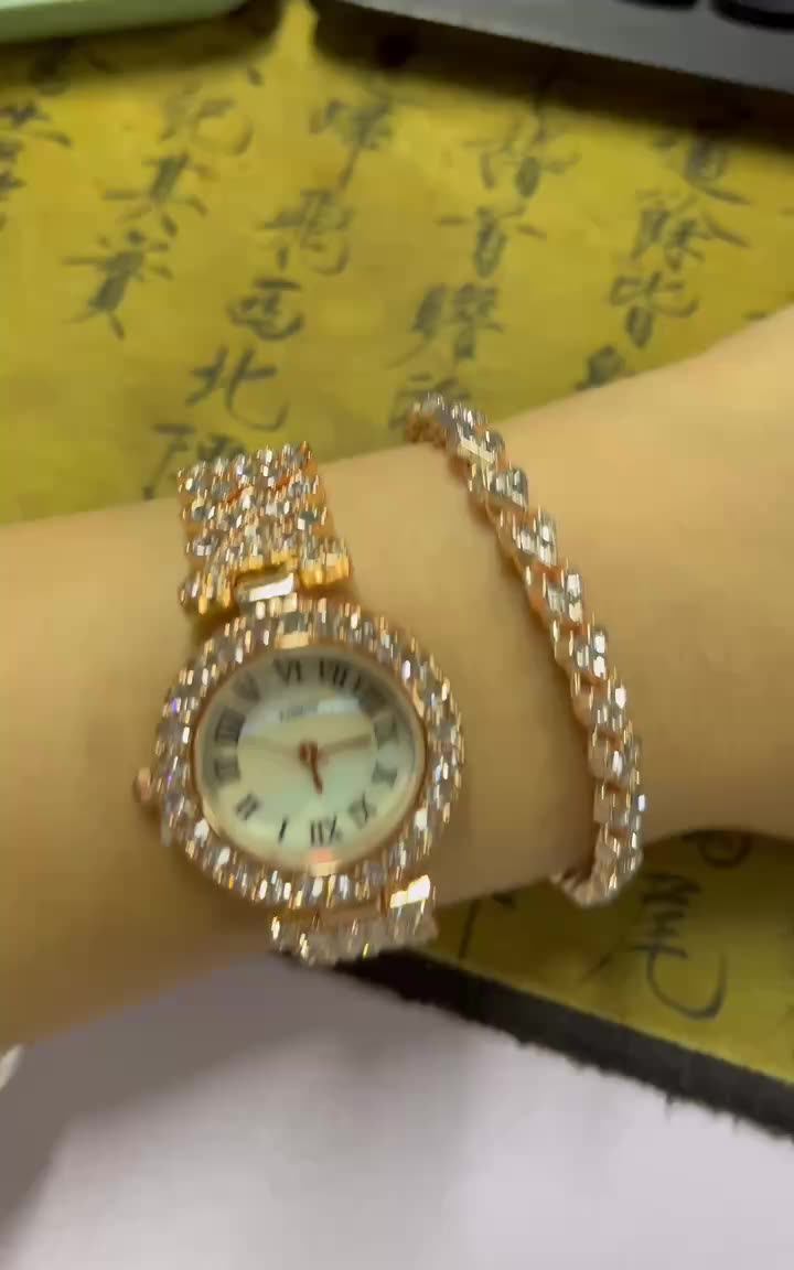 2pcs Set Luxury Rose Gold Watch Ladies Quartz Diamond Wrist Watch Elegant Female Bracelet