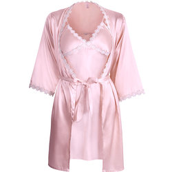Spring and Autumn Ice Silk Suspender Nightgown with Breast Pad Nightgown Sexy Silk Nightgown Women Summer Two-piece Set ແຂນຍາວແບບບາງໆ