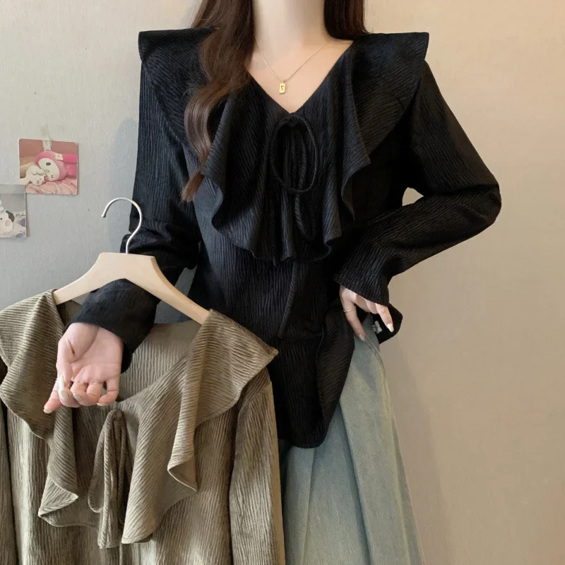 Real shot plus size women's French ruffled v-neck shirt autumn and winter chubby girl waist slim chic European top