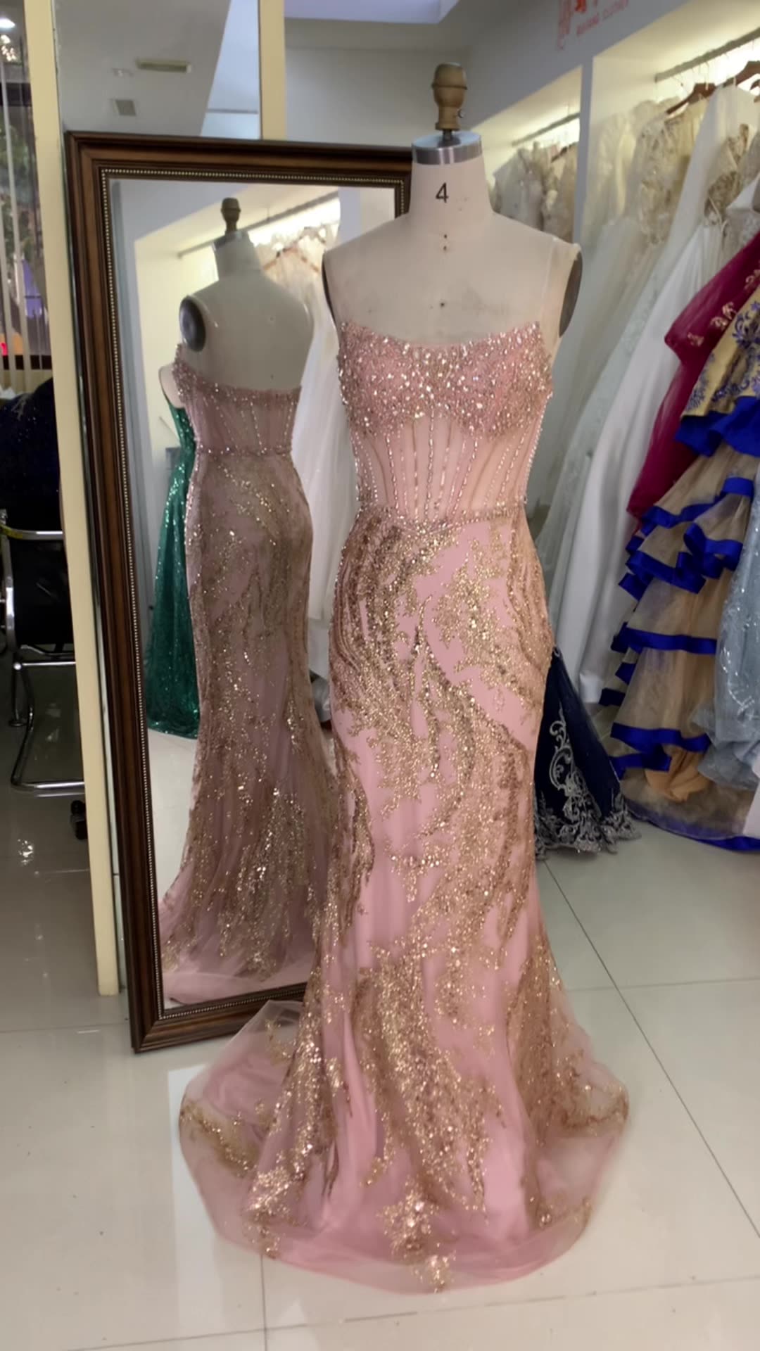 rose gold see through dress Beaded Sheer V-Neck Slit Gown by Rachel Allan 70855