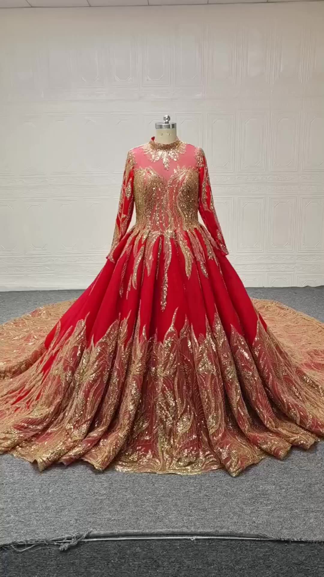 QUEENSGOWN Gorgeous Red Ball Gown Heavy Handbeaded With Delicate Gold  Sequins High Neck Long Sleeves Wedding Dress Illusion Back
